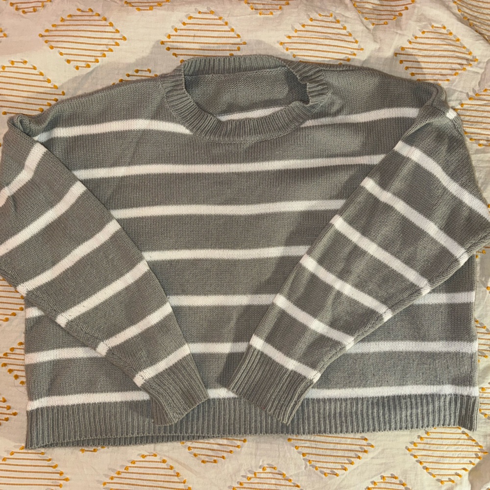 SHEIN Gray and White Striped Crew Neck Sweater